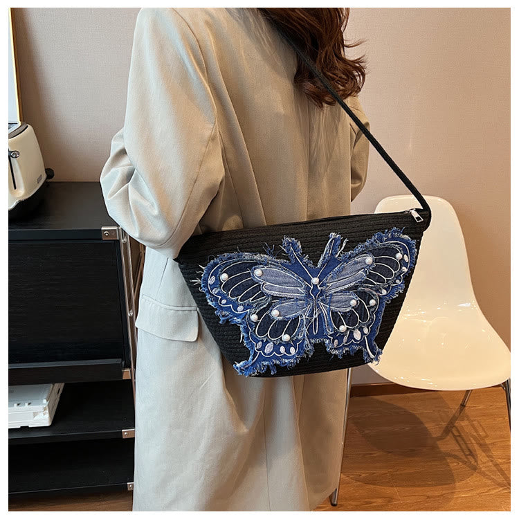 Stickerei Schmetterling Schultertasche Baumwolle Leinen Crossbody Geldbörse für Frauen