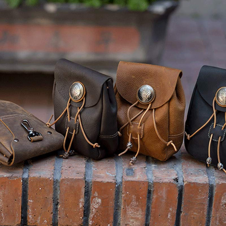Echtes Leder Kordelzug Beutel Handtasche Hüfttasche Tragbare Brieftasche Gürteltasche