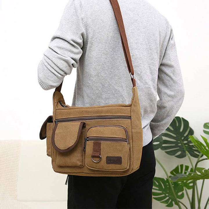 Große Retro-Umhängetasche aus Canvas mit mehreren Taschen