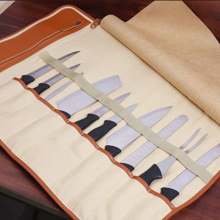 Rolltasche für Kochmesser aus echtem Leder für bis zu 10 Messer mit Schultergurt