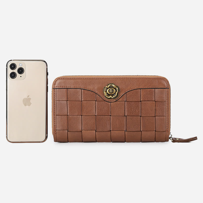 Gewebte Geldbörse aus Leder für Damen und Herren, lange, multifunktionale Clutch
