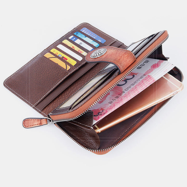 Clutch aus echtem Leder mit Reißverschluss, lange Handy-Geldbörse mit abnehmbarem Armband