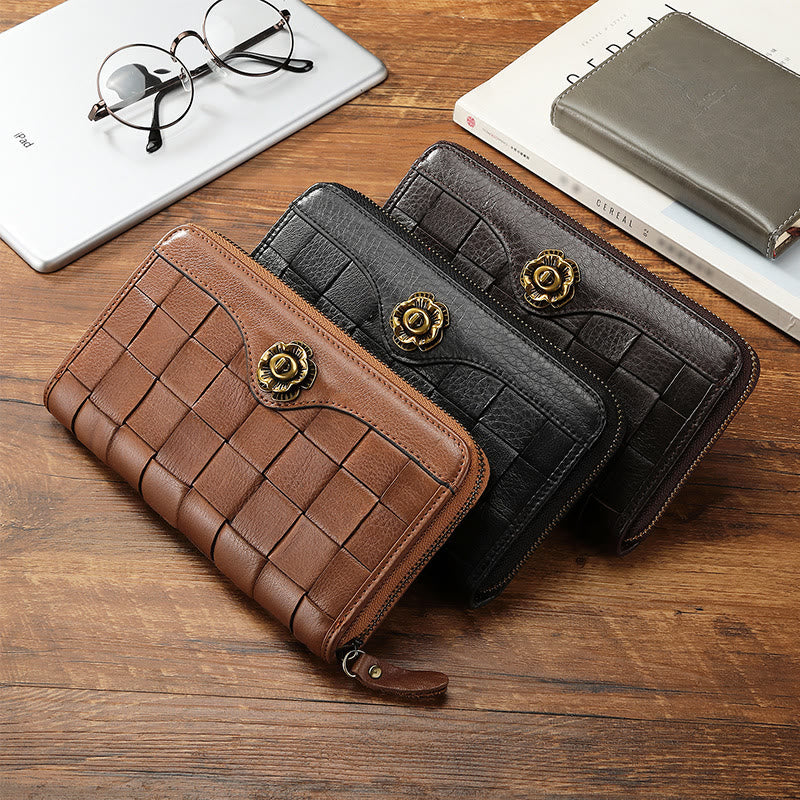 Gewebte Geldbörse aus Leder für Damen und Herren, lange, multifunktionale Clutch
