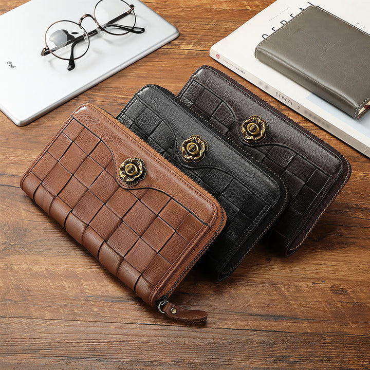 Gewebte Geldbörse aus Leder für Damen und Herren, lange, multifunktionale Clutch