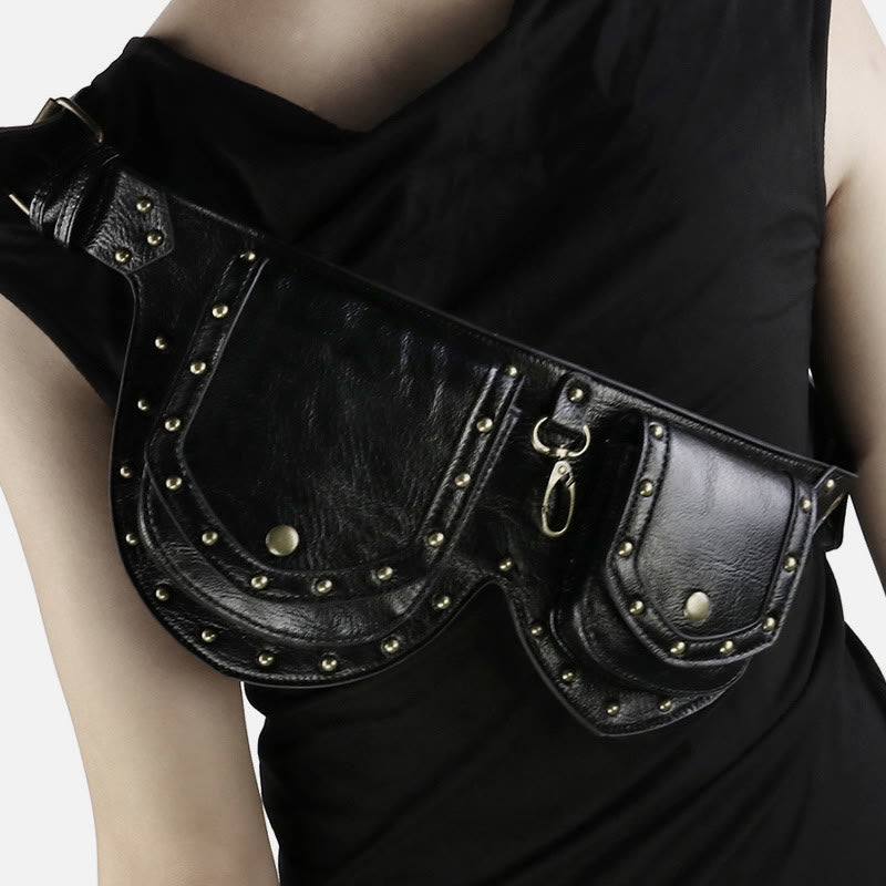 Punk Nieten Gürteltasche für Damen Multifunktionale Trage Umhängetasche