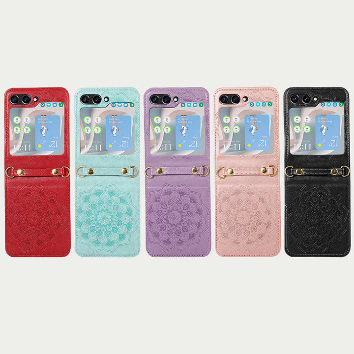 Handyhülle für Z Flip5 mit Blumenmuster, Leder, Umhängetasche