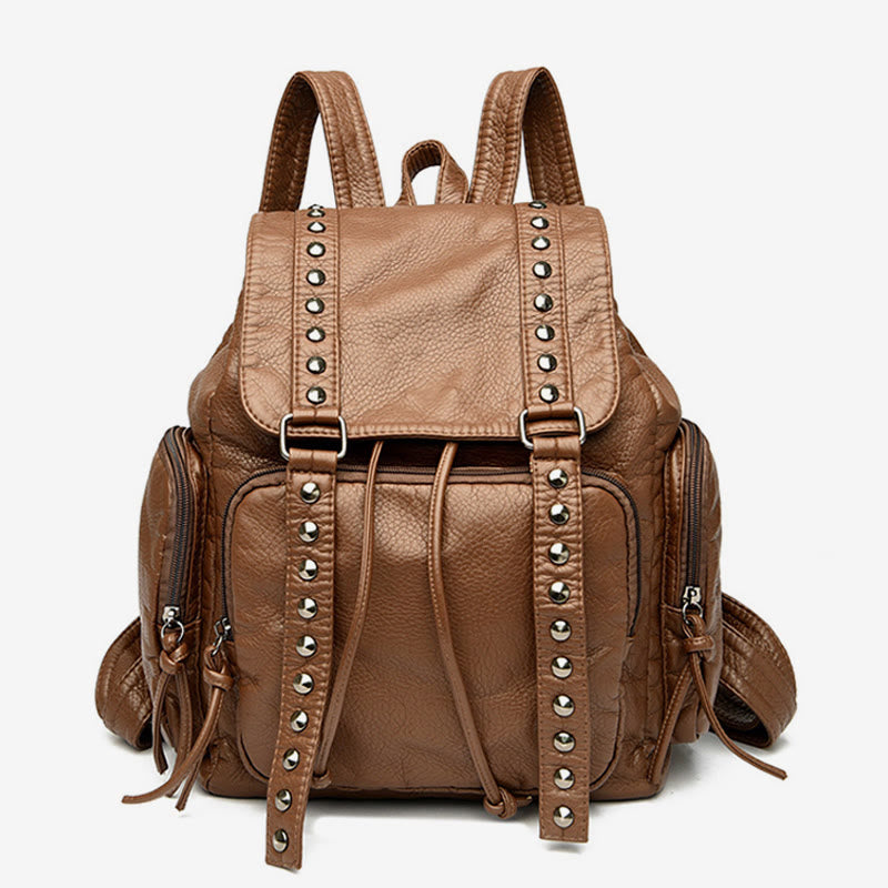 Nietenrucksack für Damen, Reiserucksack aus weichem, schlichtem Leder