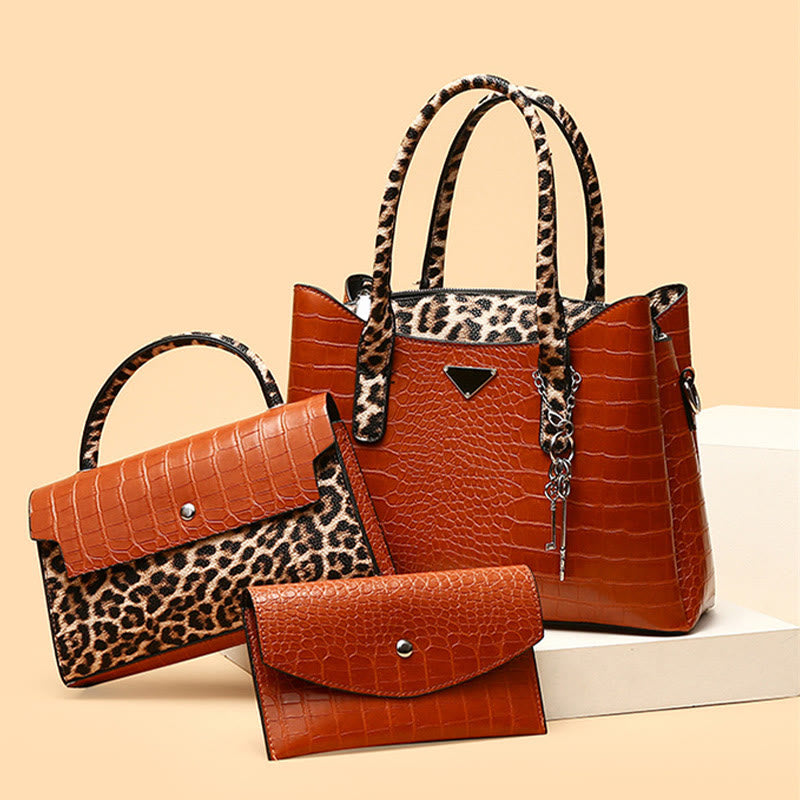 Tragetasche aus Krokodil-Leoparden-Leder für Damen, 3-teiliges Taschenset