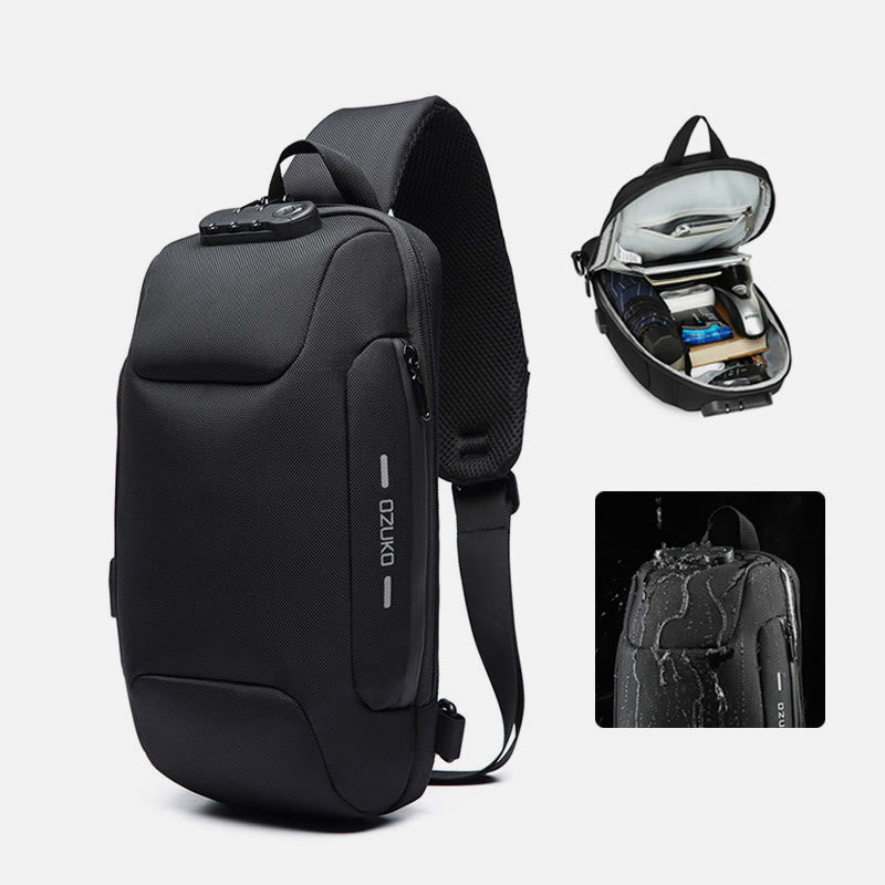 Modische Schultertasche mit mehreren Taschen, Brusttasche mit Passschloss und USB-Ladeanschluss
