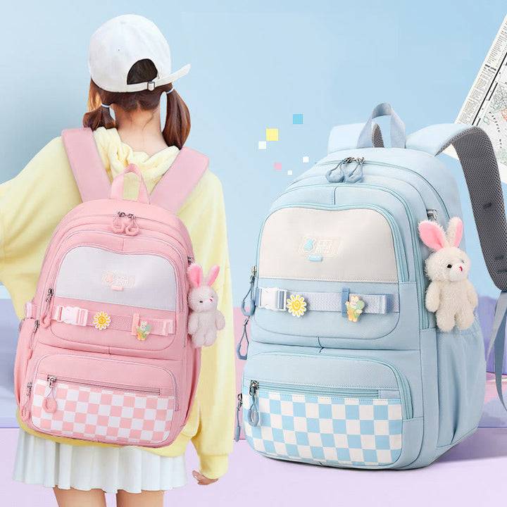 Rucksack für Damen, kariertes Muster, helle Farbe, einfache Schultasche