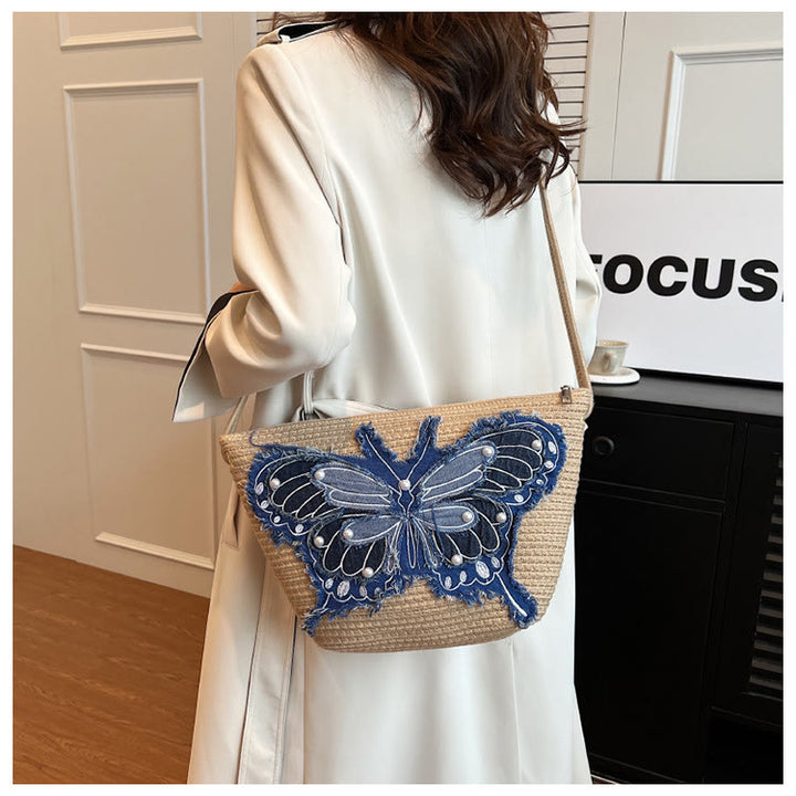 Stickerei Schmetterling Schultertasche Baumwolle Leinen Crossbody Geldbörse für Frauen