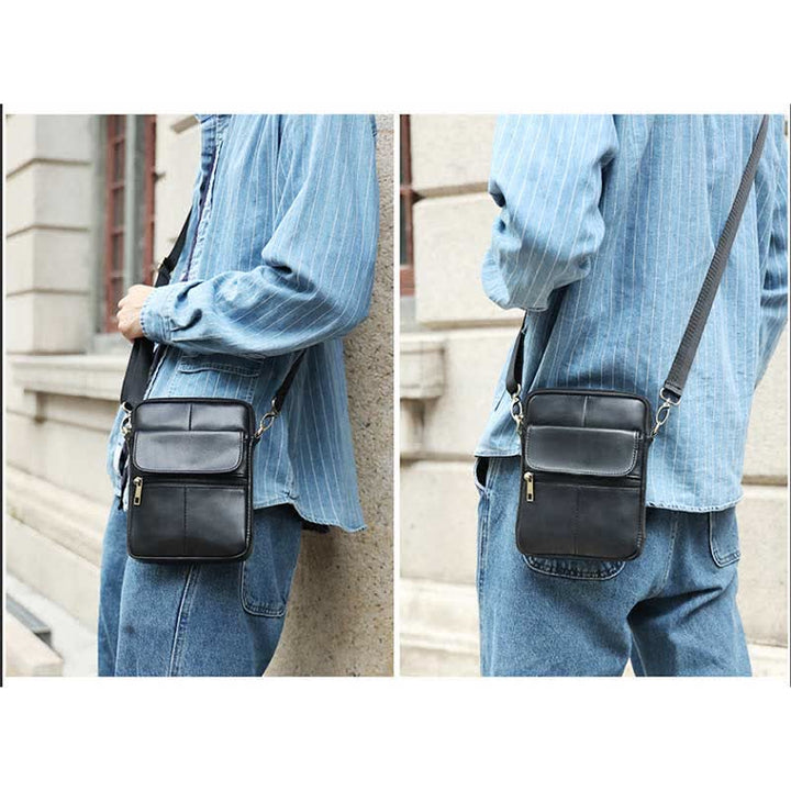Kleine Messenger-Umhängetasche aus echtem Leder für Herren mit mehreren Taschen