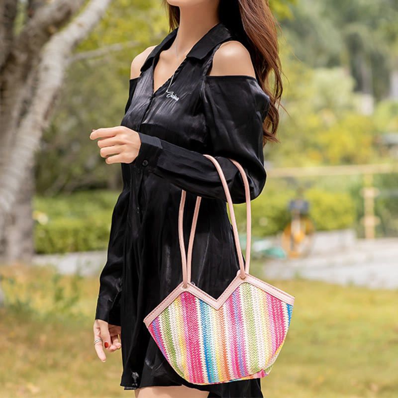 Handtasche für Damen, Einkaufskorb, leichte, unregelmäßige Stroh-Umhängetasche