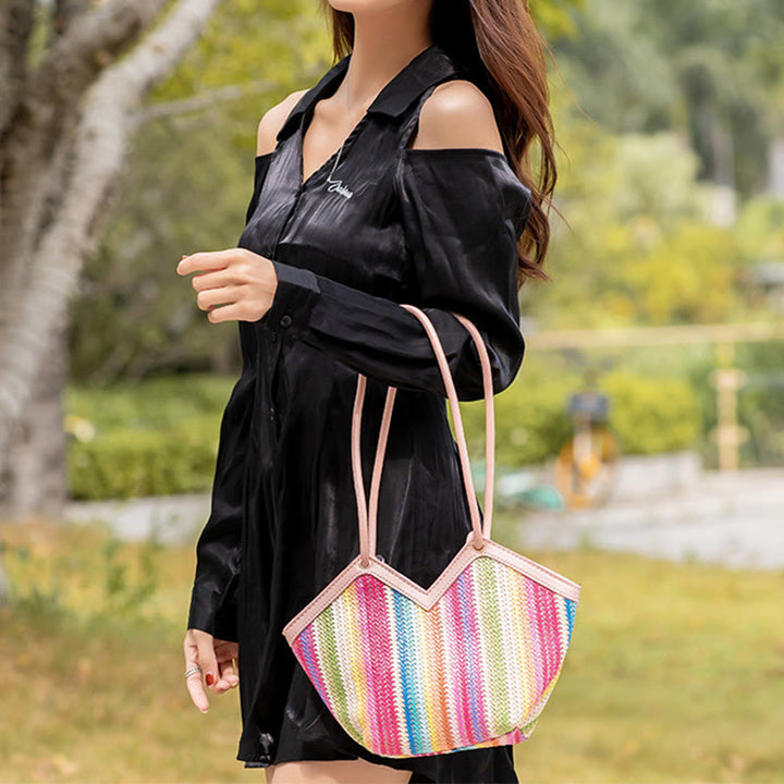Handtasche für Damen, Einkaufskorb, leichte, unregelmäßige Stroh-Umhängetasche
