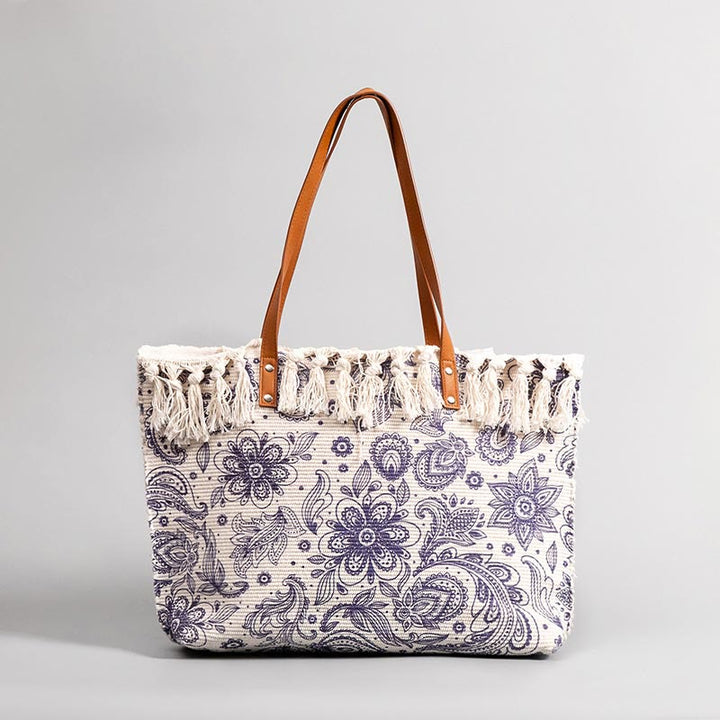 Tragetasche für Damen, Schultertasche aus Canvas mit Quaste und Bohemian-Print