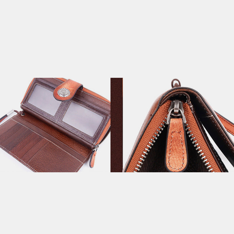 Clutch aus echtem Leder mit Reißverschluss, lange Handy-Geldbörse mit abnehmbarem Armband