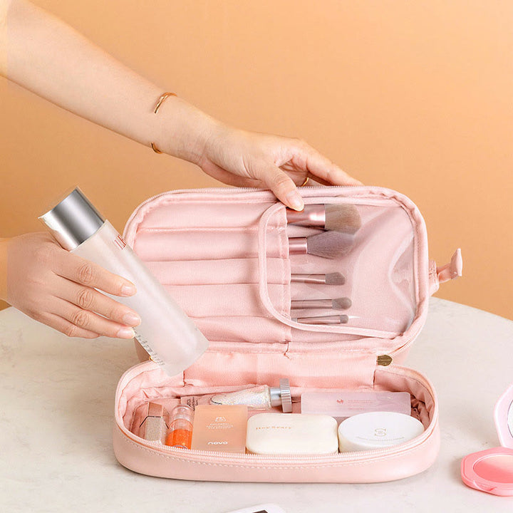 Make-up-Tasche für Damen, tragbare Reise-Kulturtasche aus Leder