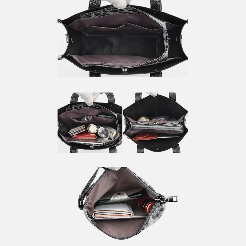 Tragetasche mit Leopardenmuster, Set aus Leder, Handtasche für Damen