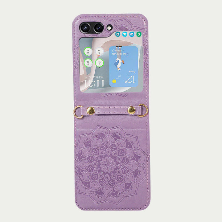 Handyhülle für Z Flip5 mit Blumenmuster, Leder, Umhängetasche