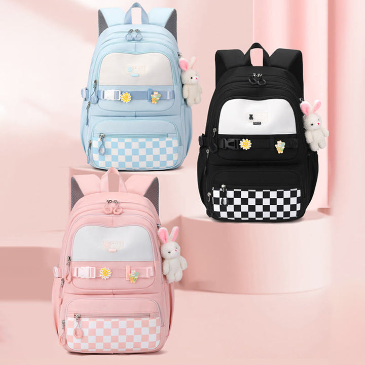 Rucksack für Damen, kariertes Muster, helle Farbe, einfache Schultasche