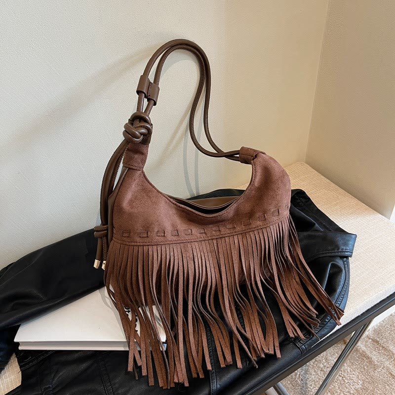 Quaste Unterarm Tasche für Frauen Retro Volltonfarbe Schultertasche