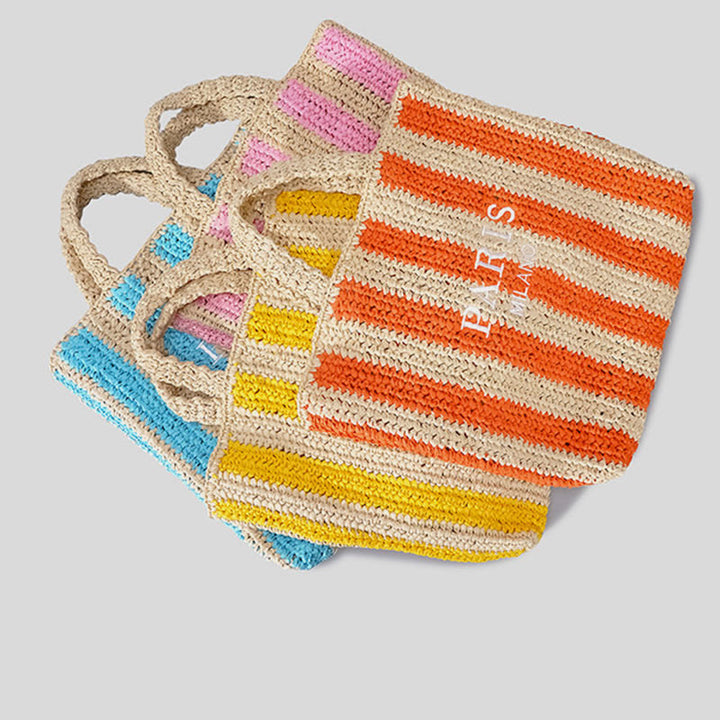 Strandtasche für Damen, Sommer, Urlaub, Reise, gestreifte Strohhandtasche