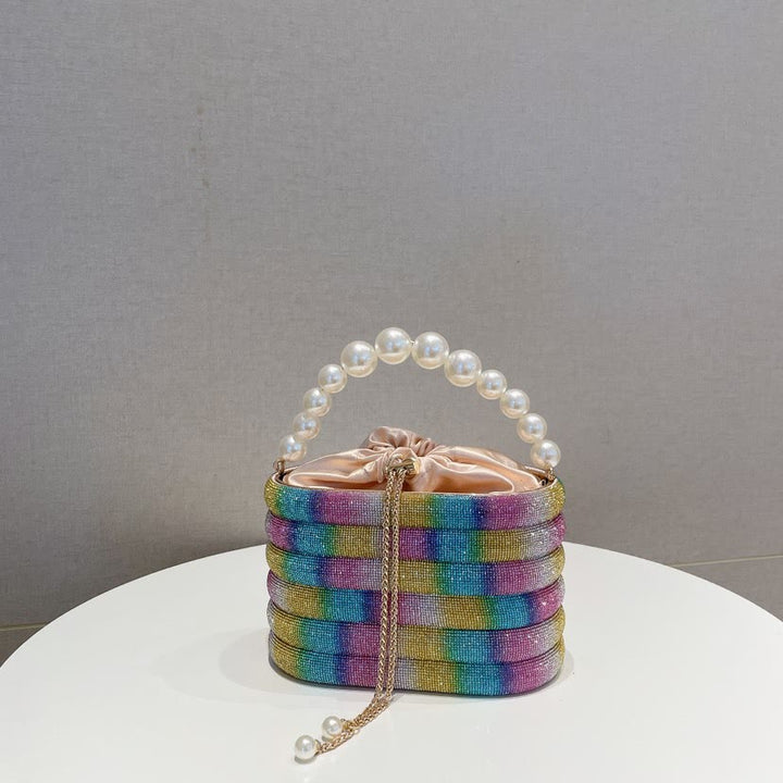Diamant-Perlen-Kettentasche für Damen, Party-Umhängetasche mit Kordelzug