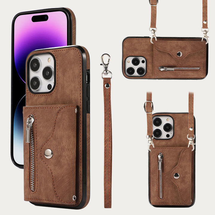iPhone 15/14/13/12 Lässige Handy-Schutzhülle mit Reißverschluss und Kartenfach