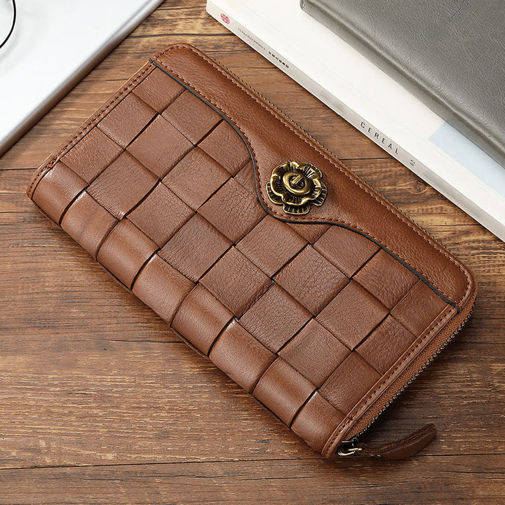 Gewebte Geldbörse aus Leder für Damen und Herren, lange, multifunktionale Clutch