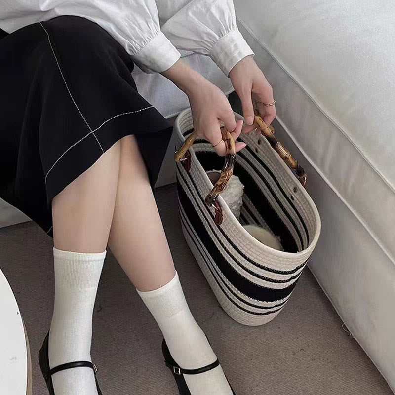 Große Einkaufstasche aus gewebtem Frühlingsstroh für Damen mit Bambusgriff
