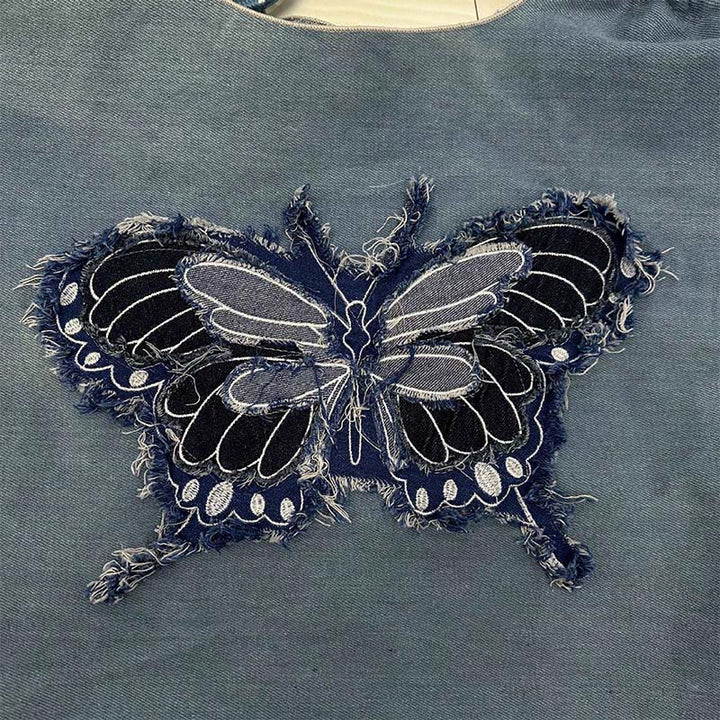 Umhängetasche mit Schmetterlingsmuster für Damen, große Tragetasche aus Denim