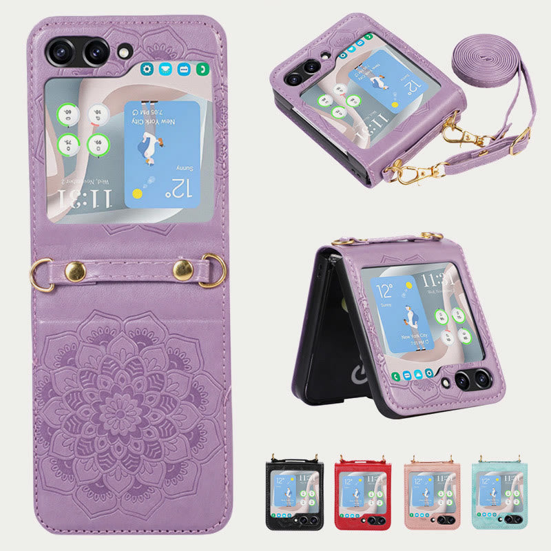 Handyhülle für Z Flip5 mit Blumenmuster, Leder, Umhängetasche