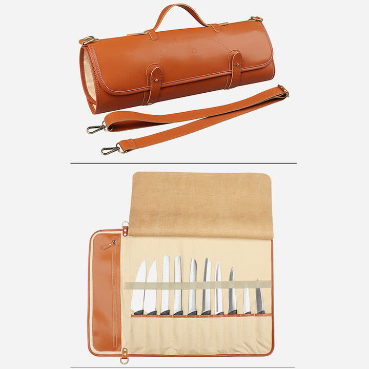 Rolltasche für Kochmesser aus echtem Leder für bis zu 10 Messer mit Schultergurt