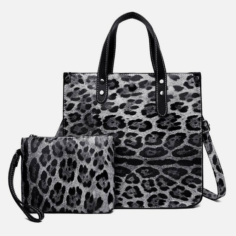 Tragetasche mit Leopardenmuster, Set aus Leder, Handtasche für Damen
