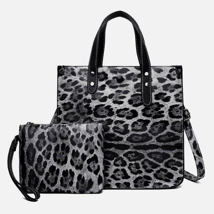 Tragetasche mit Leopardenmuster, Set aus Leder, Handtasche für Damen