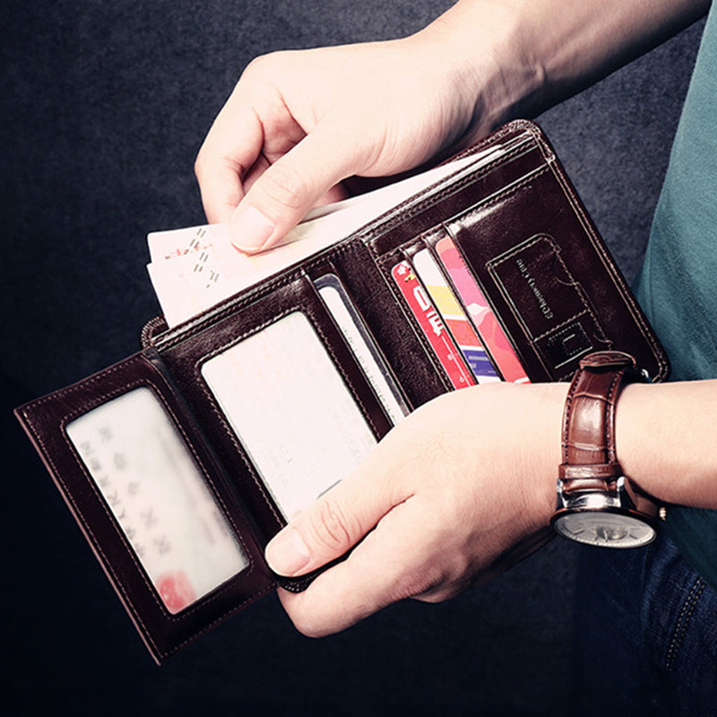 Dreifach faltbare klassische Geldbörse aus echtem Leder für Herren