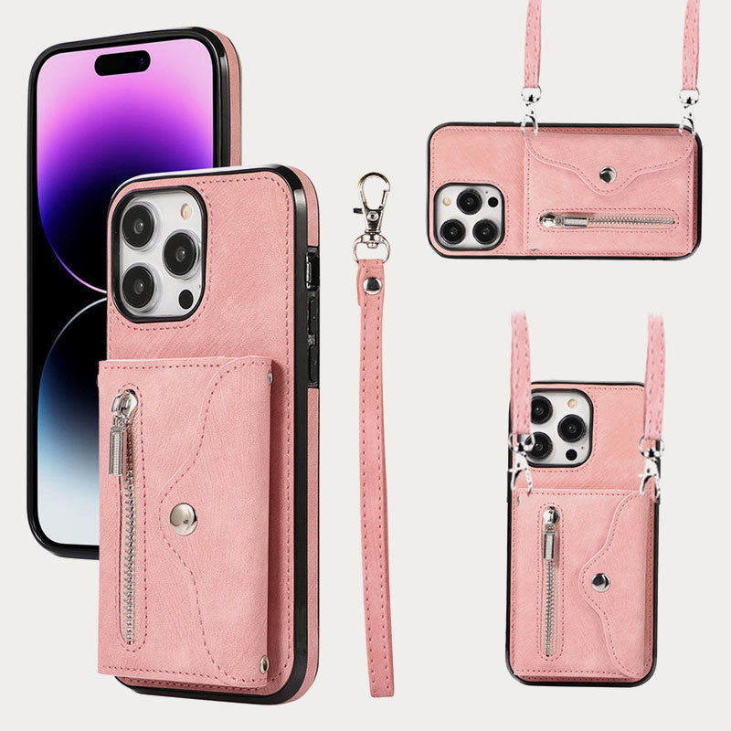 iPhone 15/14/13/12 Lässige Handy-Schutzhülle mit Reißverschluss und Kartenfach