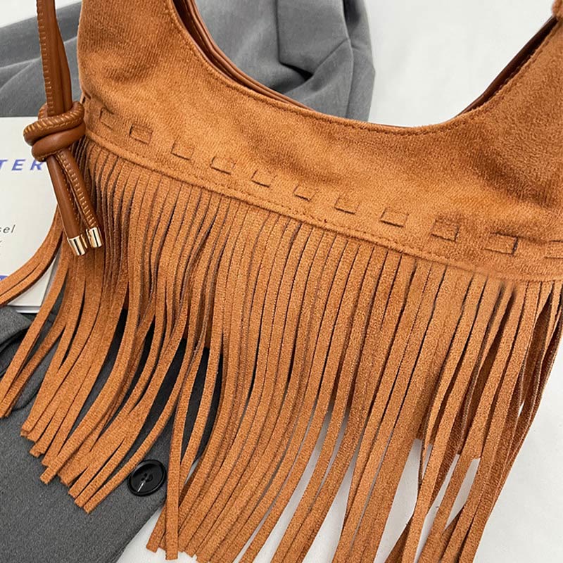 Quaste Unterarm Tasche für Frauen Retro Volltonfarbe Schultertasche