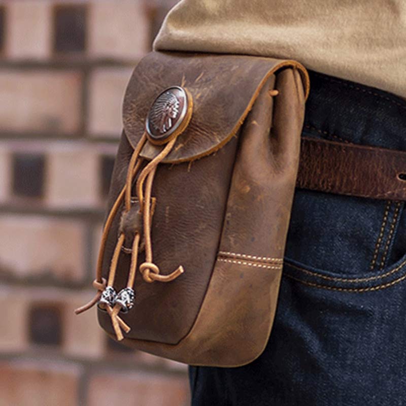 Echtes Leder Kordelzug Beutel Handtasche Hüfttasche Tragbare Brieftasche Gürteltasche