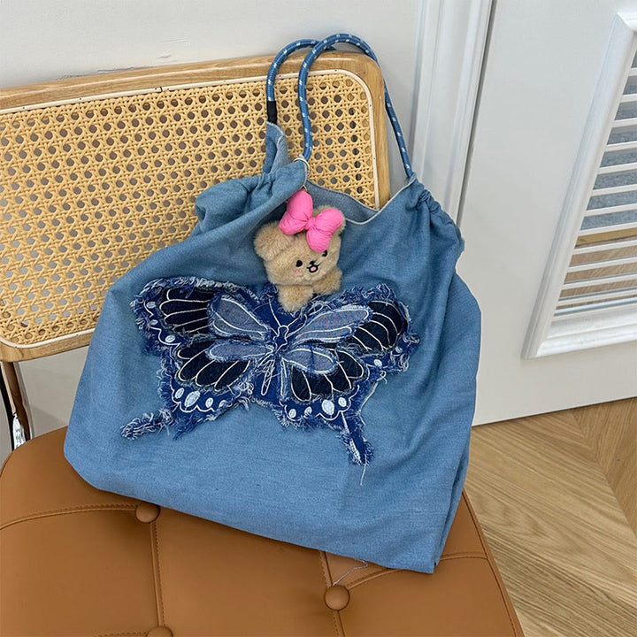 Umhängetasche mit Schmetterlingsmuster für Damen, große Tragetasche aus Denim