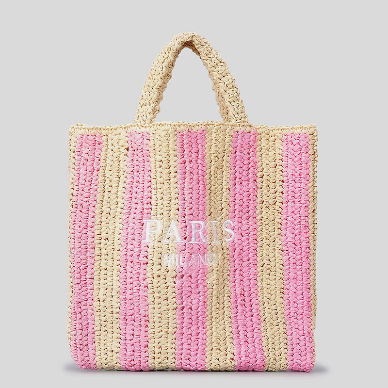 Strandtasche für Damen, Sommer, Urlaub, Reise, gestreifte Strohhandtasche