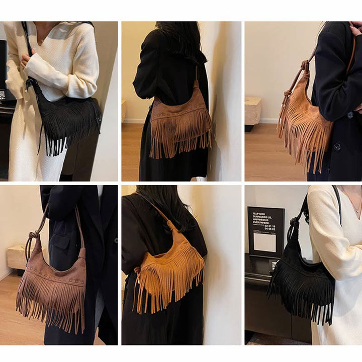 Quaste Unterarm Tasche für Frauen Retro Volltonfarbe Schultertasche