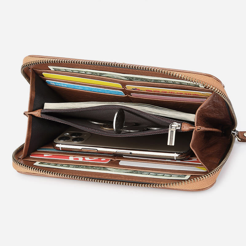 Gewebte Geldbörse aus Leder für Damen und Herren, lange, multifunktionale Clutch