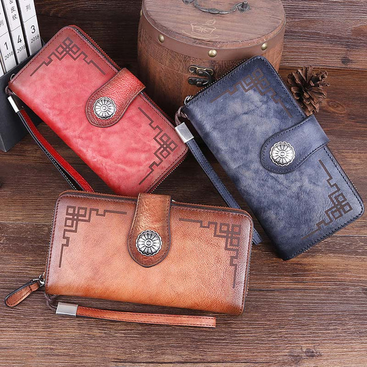 Clutch aus echtem Leder mit Reißverschluss, lange Handy-Geldbörse mit abnehmbarem Armband