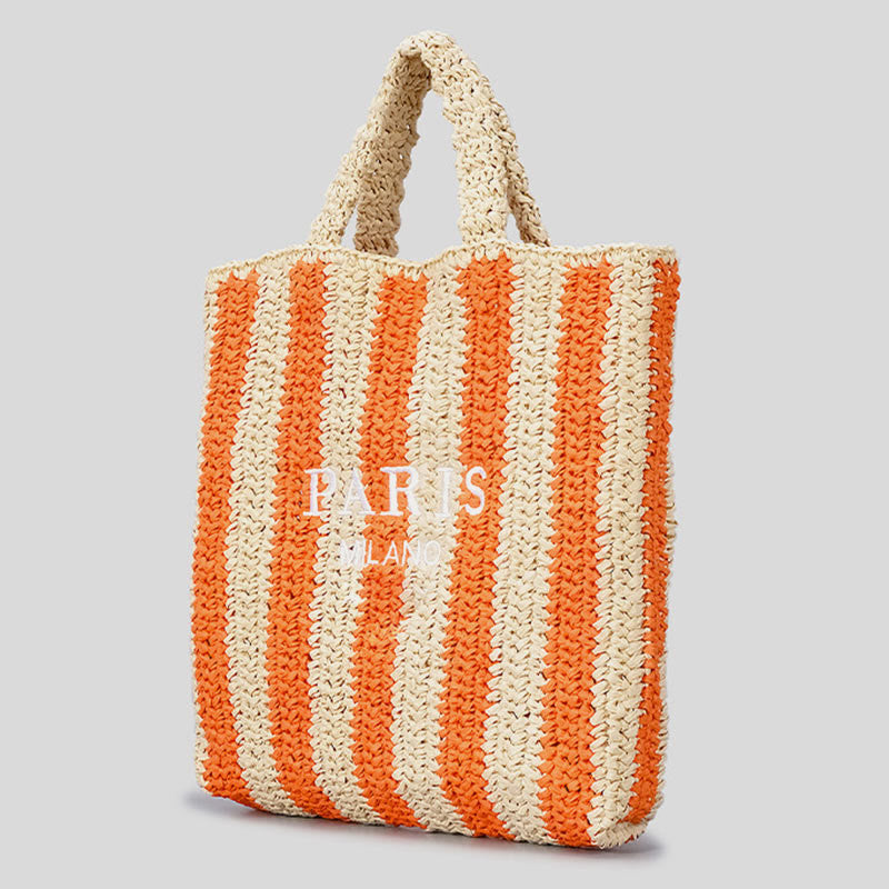 Strandtasche für Damen, Sommer, Urlaub, Reise, gestreifte Strohhandtasche
