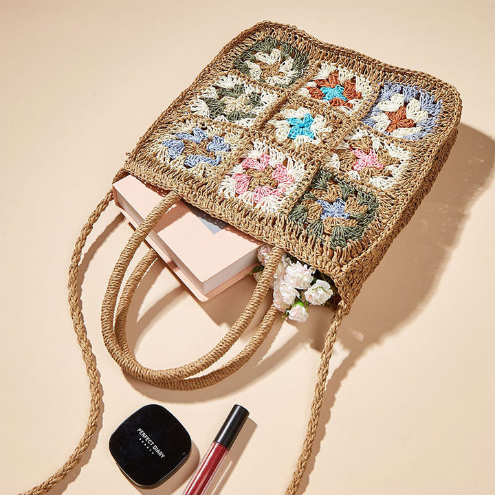 Blumenmuster Sommer Handtasche Stroh handgewebte Schultertasche Crossbody Geldbörsen