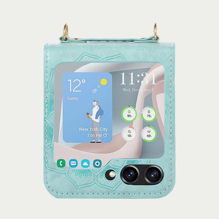 Handyhülle für Z Flip5 mit Blumenmuster, Leder, Umhängetasche