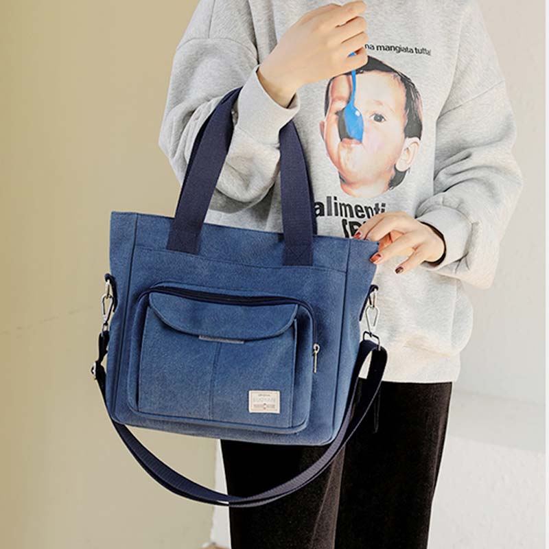 Damen Handtasche aus Canvas mit Griff und mehreren Taschen, Umhängetasche, Schultertasche, Tote, Geldbörse