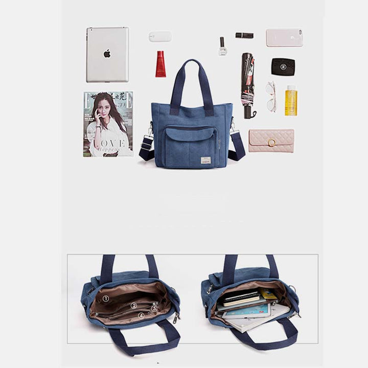 Damen Handtasche aus Canvas mit Griff und mehreren Taschen, Umhängetasche, Schultertasche, Tote, Geldbörse