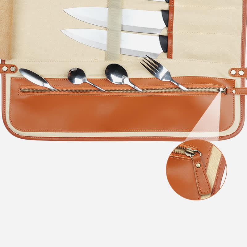 Rolltasche für Kochmesser aus echtem Leder für bis zu 10 Messer mit Schultergurt
